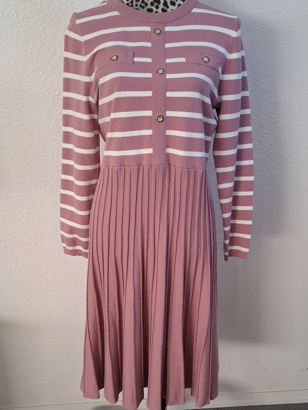 Zesica Striped Rose Pink Long-Sleeve Pleated Knit Sweater Dress XL